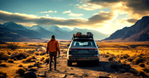 Man standing with his car looking at the mountains. Pick the right vehicle for your road trip