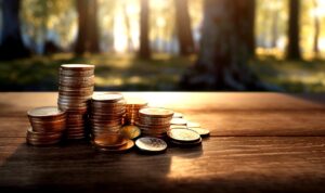 Coins stacked up in different formations on the table with forest in the background